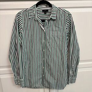 J. Crew Button Up Shirt with Green and White Stripes. Great condition.